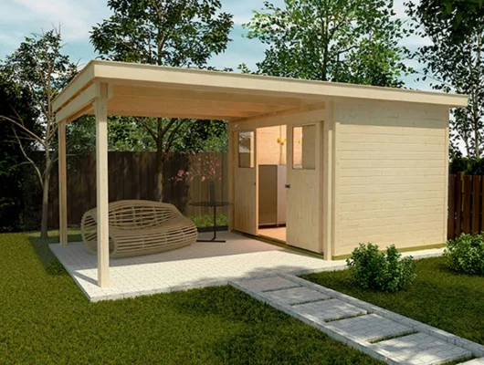 Abri de jardin 225 T1 avec extension A / 14.9 m2 / 21 mm / + Plancher - Abri de jardin porte coulissante + extension A / 14.9 m2 / 21 mm / + Plancher