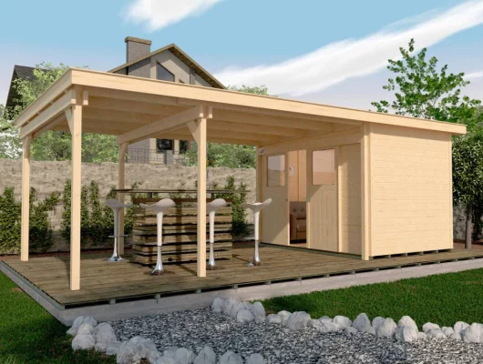 Abri de jardin 225 T1 avec extension B / 19.5 m2 / 21 mm / + Plancher - Abri de jardin porte coulissante avec extension 17.5 m2