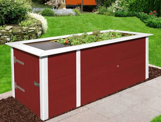 JARDINIERE Bois surélévé + rangement Rouge - Bac/jardinière bois qualité PRO + rangement 2.05 m de long