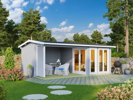Abri de jardin Torquay / 20.45 m2 / 44 mm / GRIS CLAIR - Cuisine d'été / Espace Wellness / Pool House / Espace de Rangement / Studio de jardin