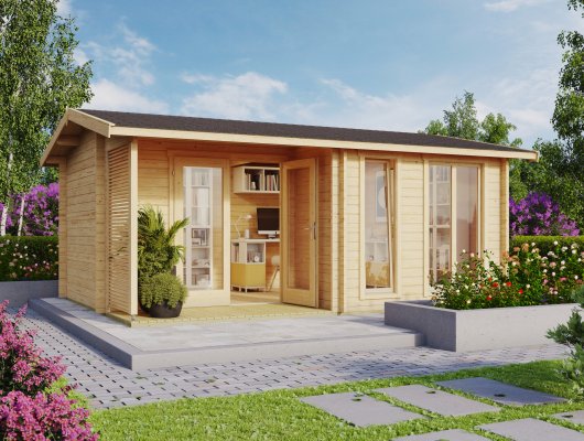 Abri de jardin Brighton 44 / 15.36 m2 / 44 mm + plancher bois - Cuisine d'été / Pool House / Espace de Rangement / Studio de jardin