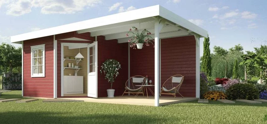 Abri de jardin Design 213 T2 Rouge / extension B 17.90 m2 / 28 mm / + Plancher - Abri de jardin Design Fides 2 Rouge / avec extension B / 17.90 m2