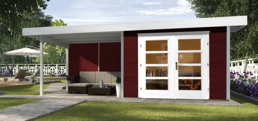 Abri de jardin Design 126 T2 Rouge / extension B / 17.70 m2 / 28 mm / + Plancher - Abri de jardin Chill-Out 2 /extension B / 17.70 m2