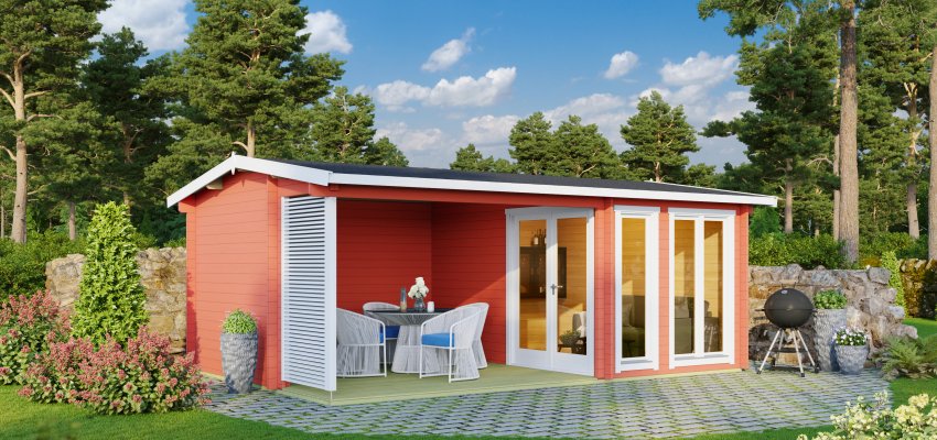 Abri de jardin Torquay / 20.45 m2 / 44 mm / ROUGE SUEDOIS - Cuisine d'été / Espace Wellness / Pool House / Espace de Rangement / Studio de jardin