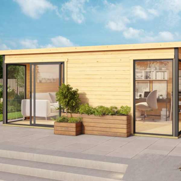 Abri de jardin Domeo 3 PLUS / 15.67 m2 / 44 mm / + plancher bois - Cuisine d'été / Espace Wellness / Pool House / Espace de Rangement / Studio de jardin