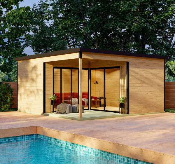 Abri de jardin Domeo 6 PLUS version 2 / 17.9 m2 + Terasse 6 m2 / 44 mm / + plancher bois - Cuisine d'été / Espace Wellness / Pool House / Espace de Rangement / Studio de jardin