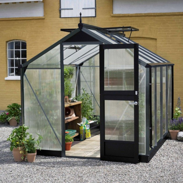 Serre de jardin JULIANA compact anthracite 8,2 m² + polycarbonate 10 mm - aluminium anthracite / verre trempé 3 mm